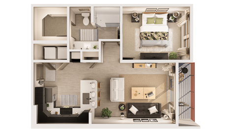Floor plan for 1 bed, 1 bath, 677 sqft