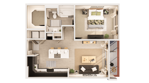 Floor plan for 1 bed, 1 bath, 731 sqft