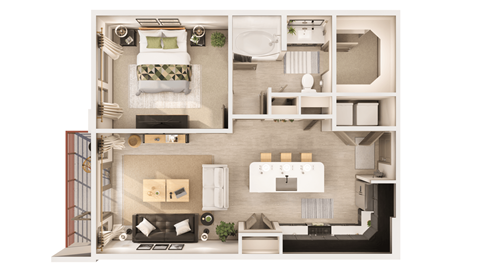 Floor plan for 1 bed, 1 bath, 773 sqft