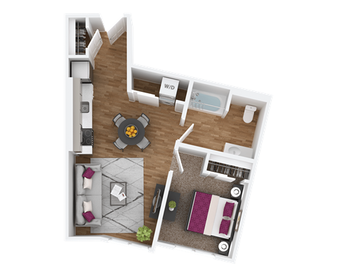 Floor plan for 1 bed, 1 bath, 609 sqft