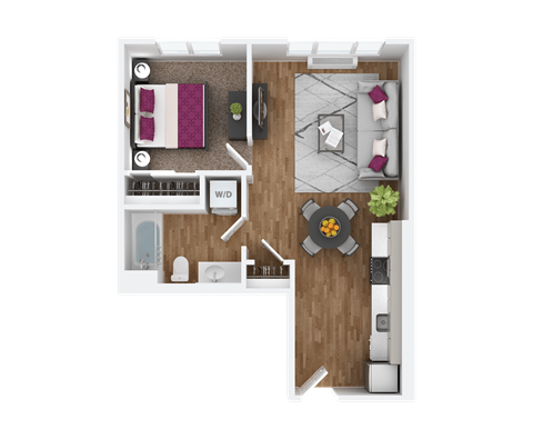 Floor plan for 1 bed, 1 bath, 590 sqft