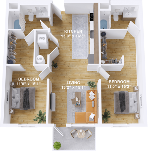 Floor plan for 2 beds, 2 baths, 1064 sqft