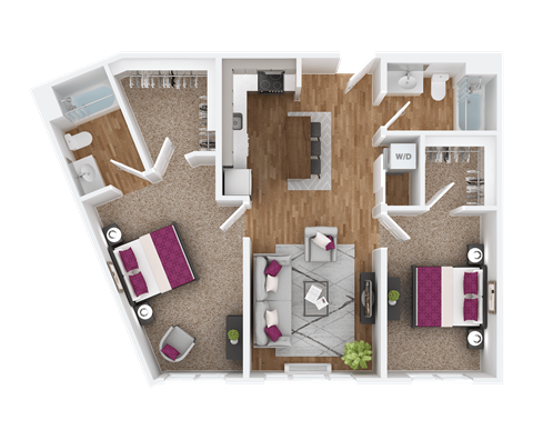 Floor plan for 2 beds, 2 baths, 1057 sqft