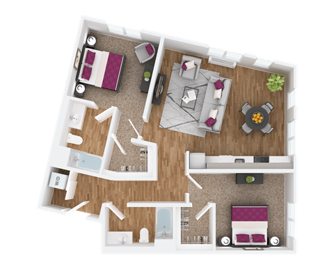 Floor plan for 2 beds, 2 baths, 1093 sqft