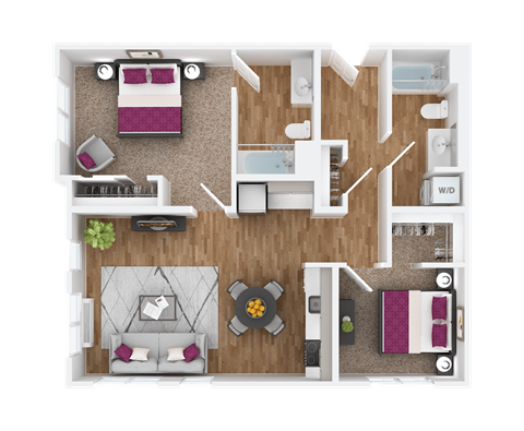 Floor plan for 2 beds, 2 baths, 996 sqft