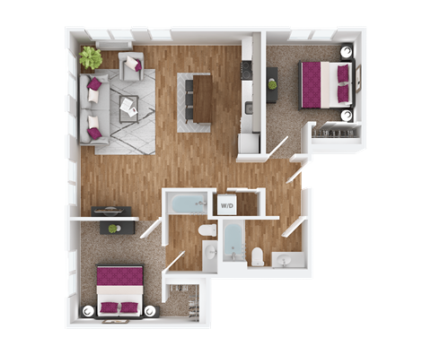 Floor plan for 2 beds, 2 baths, 1002 sqft
