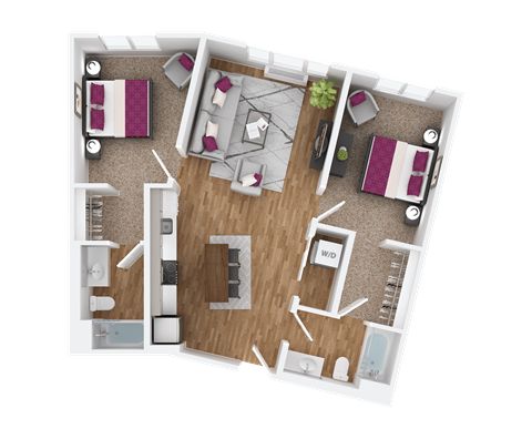 Floor plan for 2 beds, 2 baths, 1015 sqft