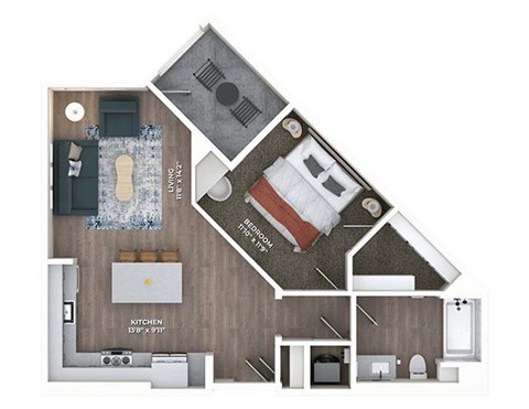 Floor plan for 1 bed, 1 bath, 722 sqft