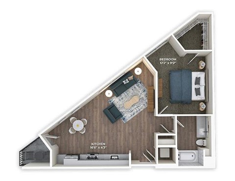 Floor plan for 1 bed, 1 bath, 732 sqft