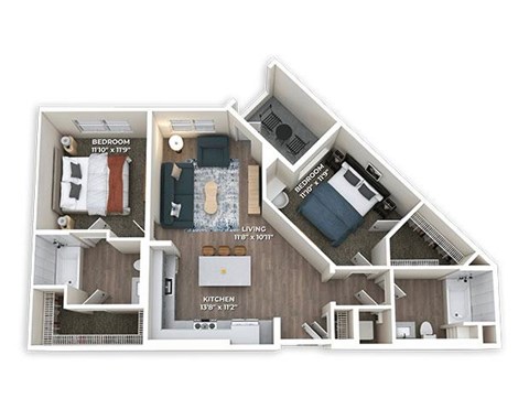 Floor plan for 2 beds, 2 baths, 990 sqft