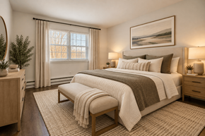 Eatontown apartment for rent - A bedroom with a large bed and a bench in front of it.