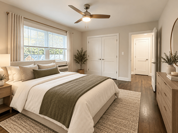 Aberdeen apartment for rent - A bedroom with a large bed and a ceiling fan.