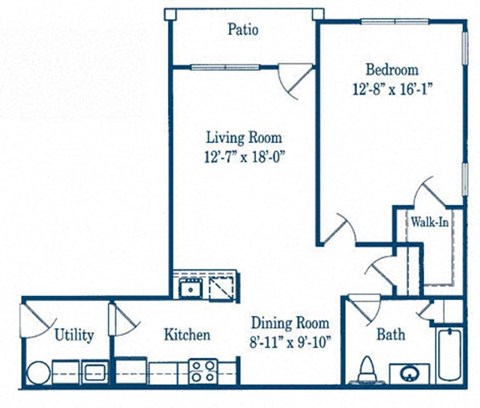Floor plan for 1 bed, 1 bath, 907 sqft
