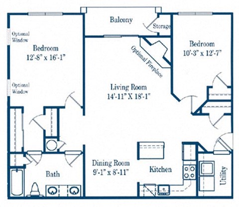 Floor plan for 2 beds, 1 bath, 1218 sqft