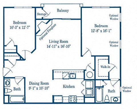 Floor plan for 2 beds, 2 baths, 1218 sqft