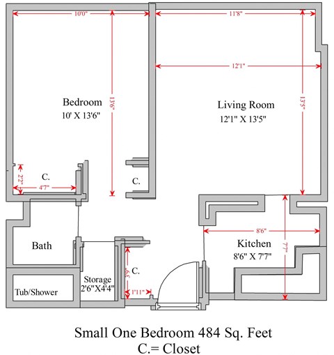 Floor plan for 1 bed, 1 bath, 484 sqft