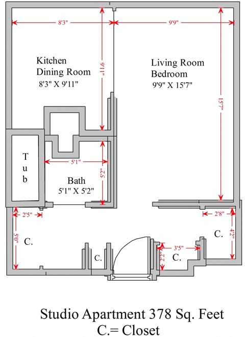 Floor plan for studio, 1 bath, 378 sqft