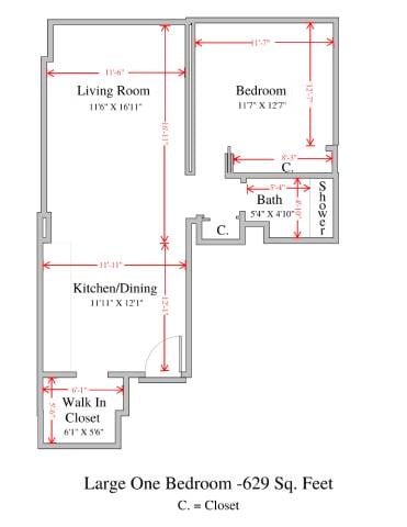 Floor plan for 1 bed, 1 bath, 639 sqft