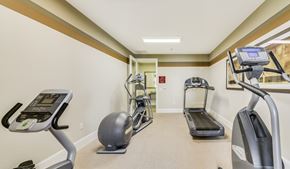 Oakland apartment for rent - A gym with treadmills, elliptical machines, and a stationary bike.