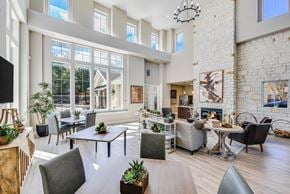 Austin apartment for rent - A modern living room with a fireplace and a large window at Acclaim at South Congress, Austin, 78704