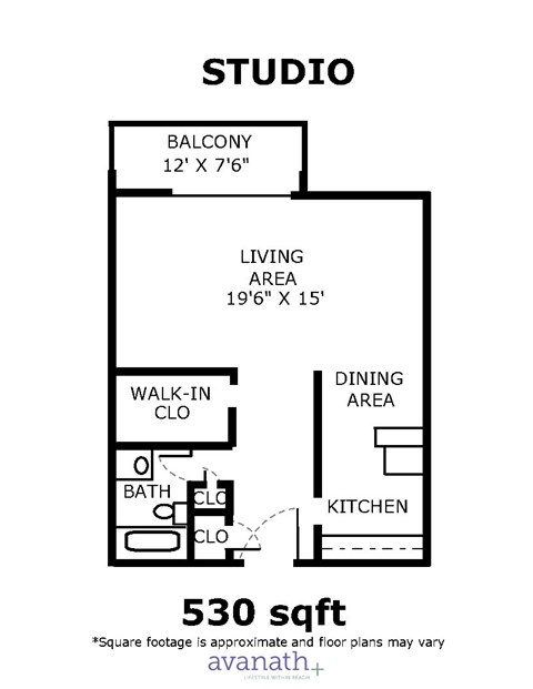 Floor plan for studio, 1 bath, 530 sqft