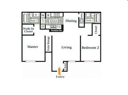Floor plan for 2 beds, 2 baths, 1051 sqft