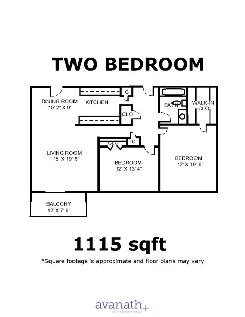 Floor plan for 2 beds, 1 bath, 1150 sqft