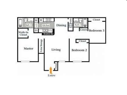 Floor plan for 3 beds, 2 baths, 1228 sqft