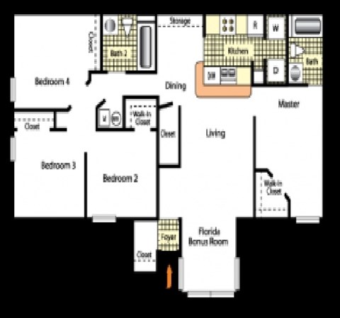 Floor plan for 4 beds, 2 baths, 1348 sqft