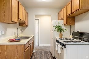Willowbrook apartment for rent - A kitchen with wooden cabinets and a white refrigerator. at Floor Plan Apartments, Illinois
