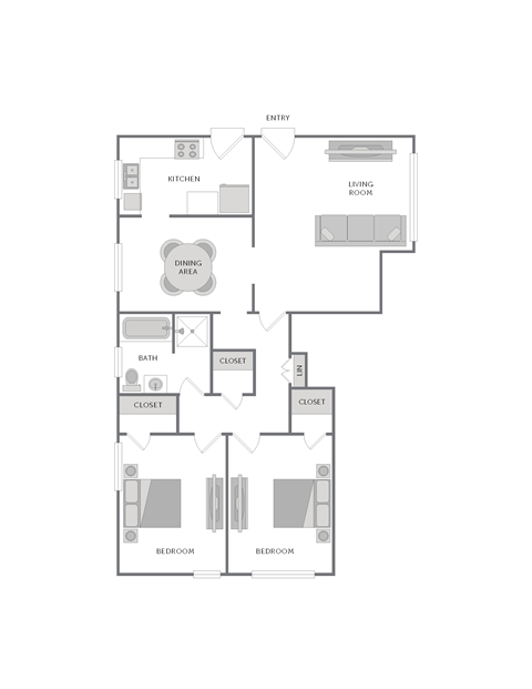 Floor plan for 2 beds, 1 bath, 820 sqft