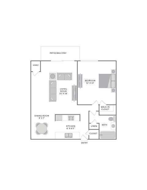 Floor plan for 1 bed, 1 bath, 767 sqft