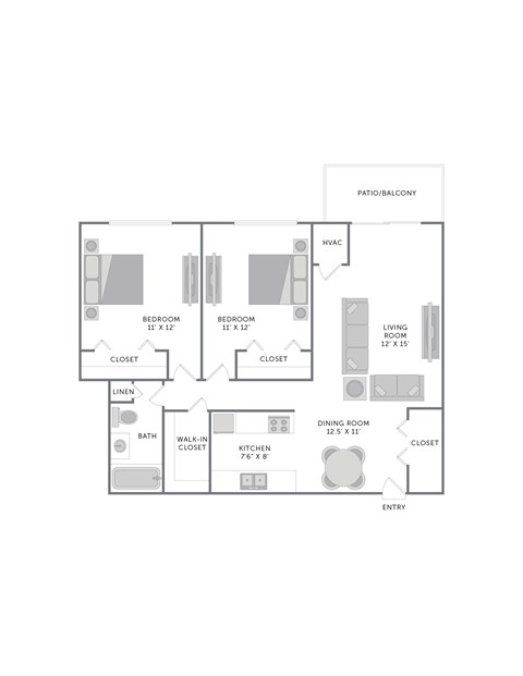 Floor plan for 2 beds, 1 bath, 950 sqft