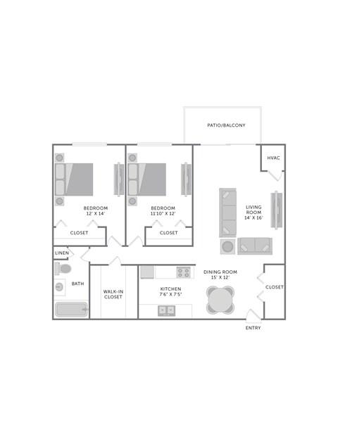 Floor plan for 2 beds, 1 bath, 1150 sqft