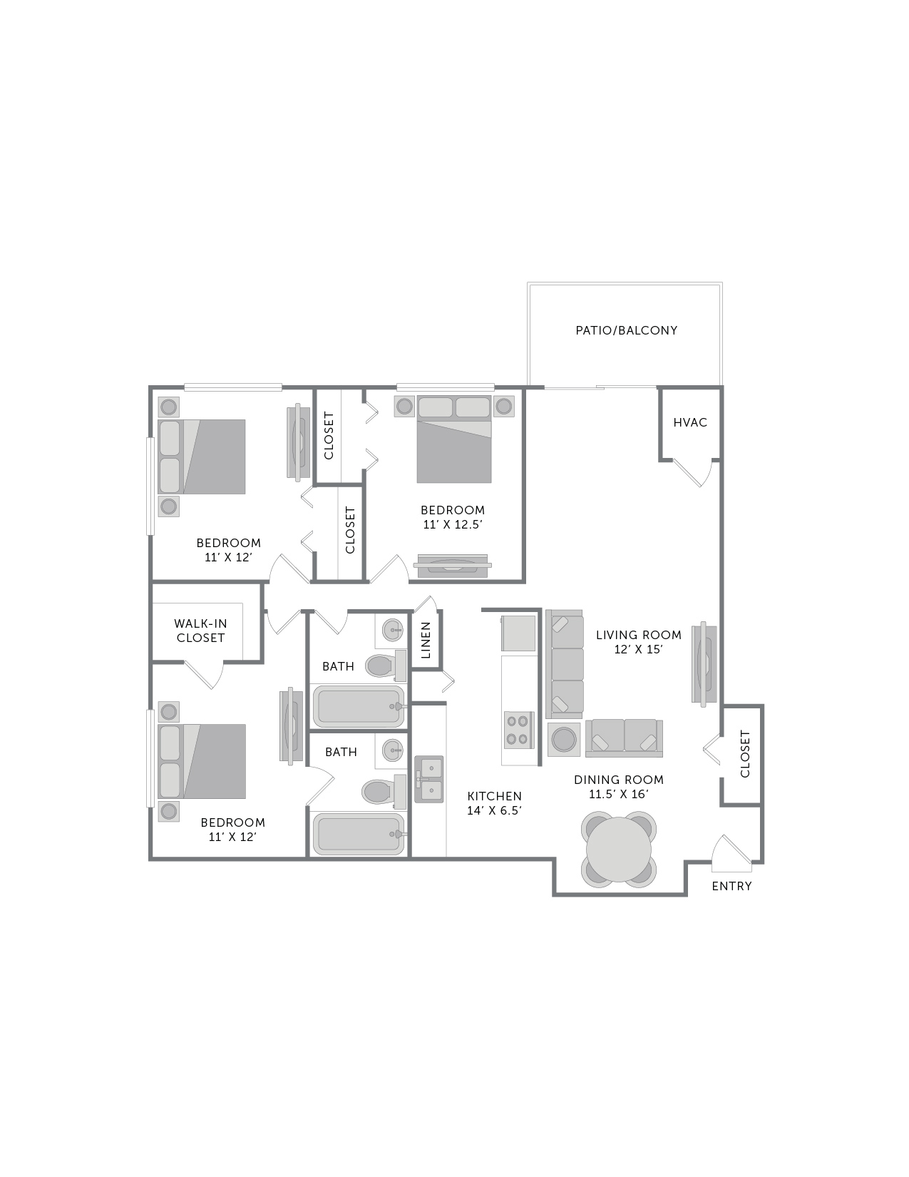 Floor plan for 3 beds, 2 baths, 1270 sqft