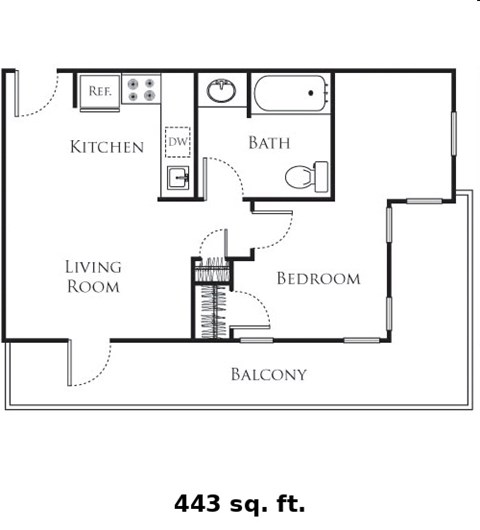 Floor plan for 1 bed, 1 bath, 443 sqft
