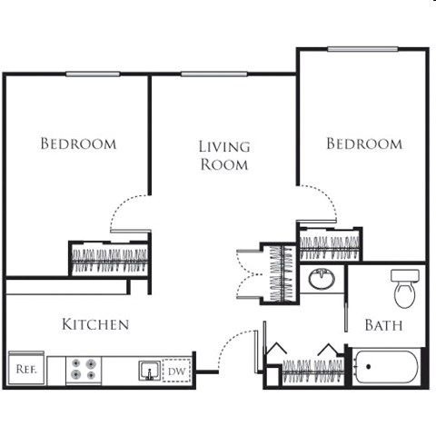 Floor plan for 2 beds, 1 bath, 690 sqft