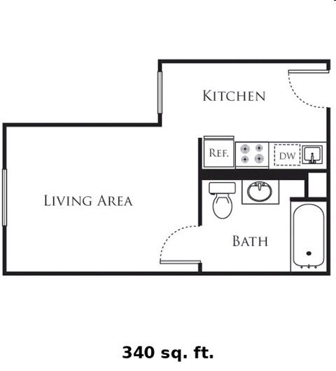 Floor plan for studio, 1 bath, 340 sqft