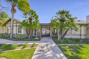 Yorba Linda apartment for rent - A building with a clear blue sky above it and palm trees in front at Yorba Linda Apartments, Yorba Linda, 92886