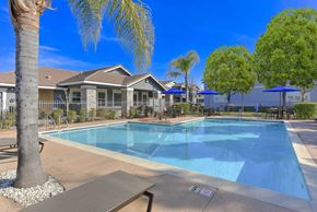 North Highlands apartment for rent - Swimming pool with patio umbrellas and palm trees at Corsair Park Senior Apartments, North Highlands