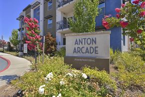 Sacramento apartment for rent - Property entrance sign with colorful landscaping at Anton Arcade Apartments, Sacramento, CA 95825
