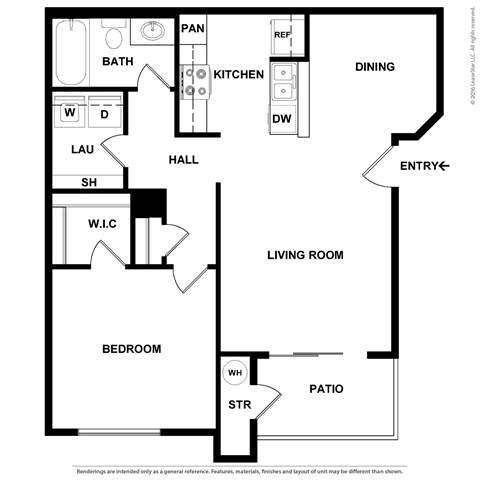 Floor plan for 1 bed, 1 bath, 798 sqft
