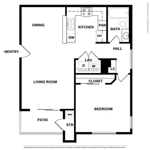 Floor plan for 1 bed, 1 bath, 792 sqft