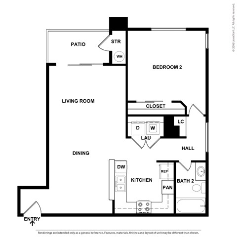 Floor plan for 1 bed, 1 bath, 812 sqft