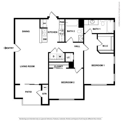 Floor plan for 2 beds, 2 baths, 1102 sqft