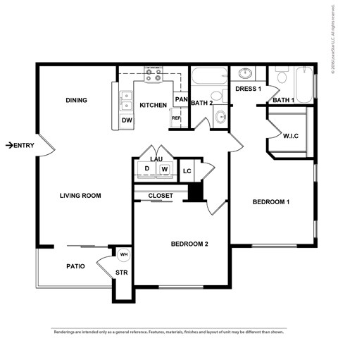 Floor plan for 2 beds, 2 baths, 1088 sqft