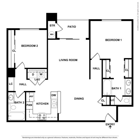 Floor plan for 2 beds, 2 baths, 1118 sqft