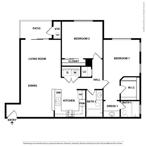 Floor plan for 2 beds, 2 baths, 1108 sqft