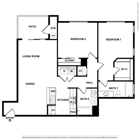 Floor plan for 2 beds, 2 baths, 1123 sqft
