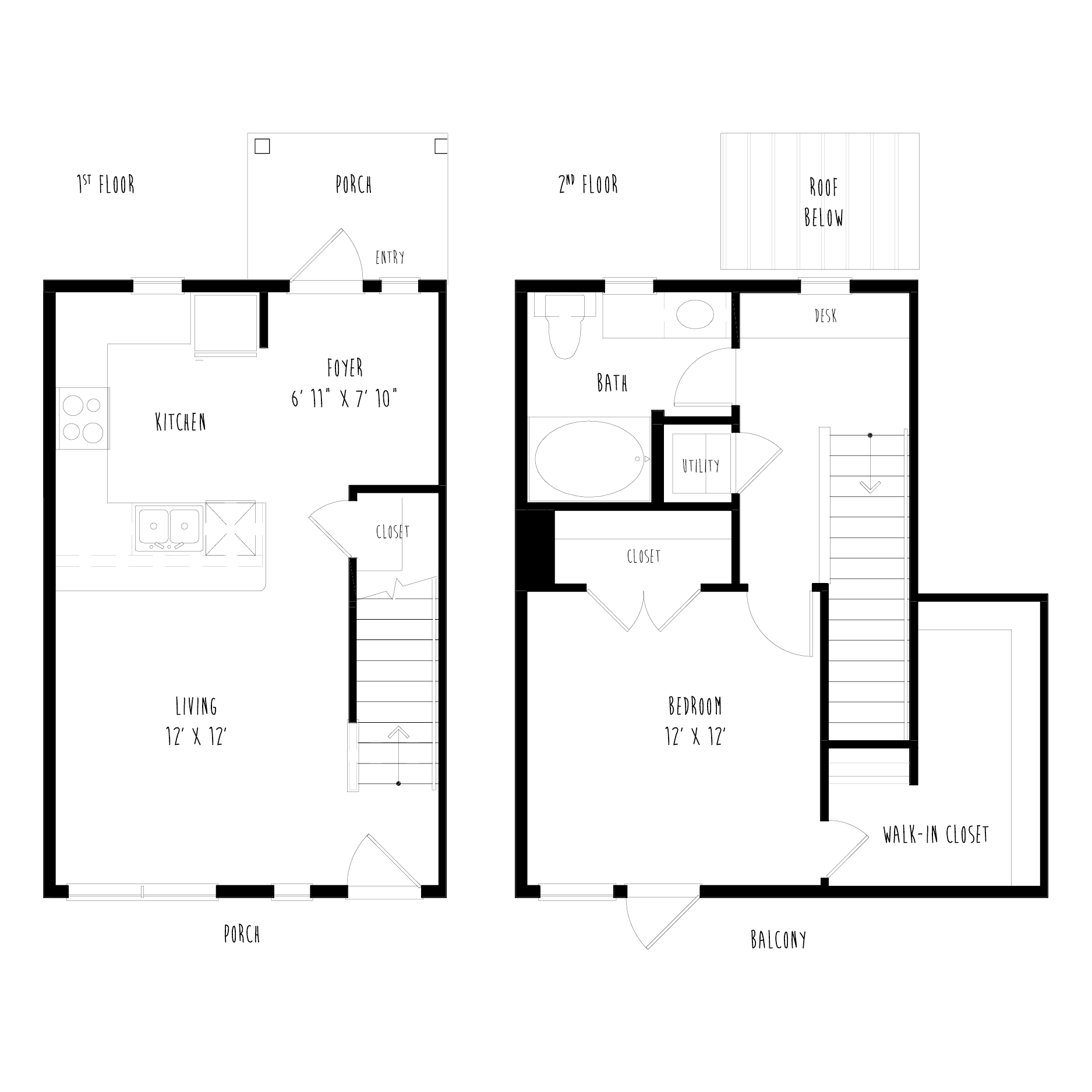 Floor plan for 1 bed, 1 bath, 840 sqft